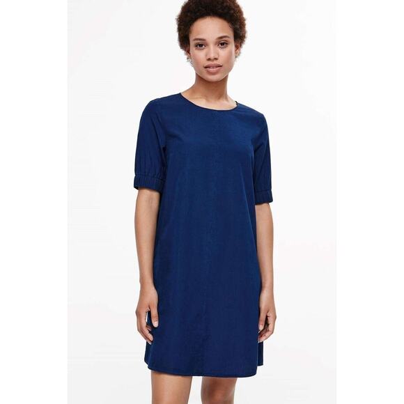 [COS] Blue Chambray Denim Half Sleeve Boat Neck Shift A-Line Mini Dress Size 6 - Picture 1 of 13